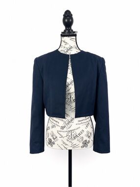 Vintage Givenchy Cropped Open Front Jacket Navy Long Sleeve Blazer